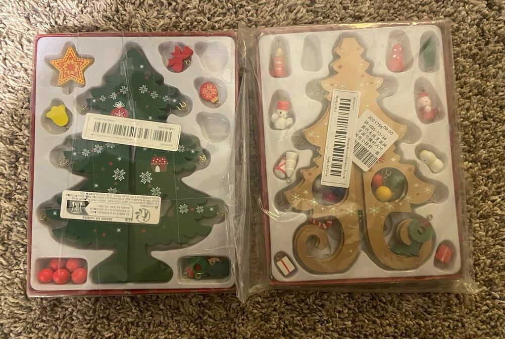 Wooden Tabletop Christmas Trees w/ Mini Ornaments Set of 2 Gold Green Holidays